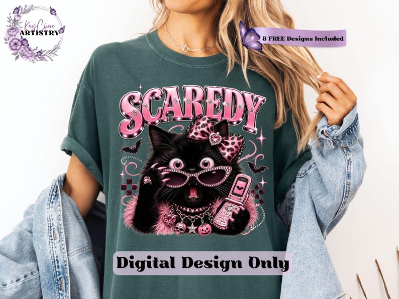 Bring a little drama and a lot of personality to your spooky season creations with this adorable Scaredy Cat Halloween PNG featuring a wide-eyed black cat in a glamorous pink coquette aesthetic. Dressed in sparkling rhinestone sunglasses, a pink leopard bow, layered jewelry, fluffy pink accents, and holding a trendy Y2K flip phone, this fashionable feline perfectly captures the playful side of Halloween.