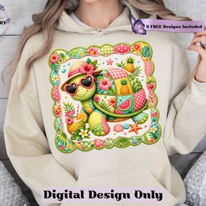 This adorable summer turtle PNG features a cheerful patchwork turtle enjoying a bright tropical day, designed with vibrant quilted textures and playful stitched fabric patterns. With a colorful mix of coral pink, sunny yellow, leafy green, aqua, and soft tropical tones, this turtle clipart has a cozy handcrafted look that feels fun and on-trend. From a straw sun hat and heart-shaped sunglasses to fruity details like pineapple, watermelon and citrus drinks, every element adds a fresh beachy vibe