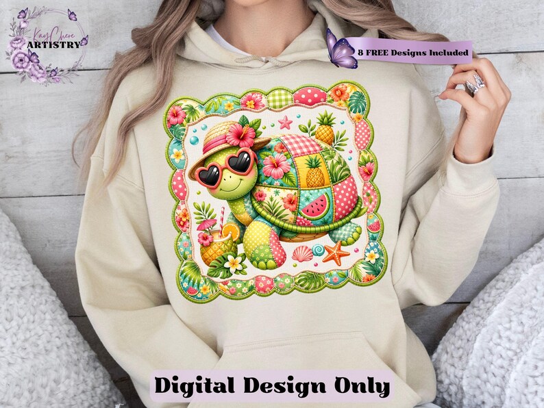 This adorable summer turtle PNG features a cheerful patchwork turtle enjoying a bright tropical day, designed with vibrant quilted textures and playful stitched fabric patterns. With a colorful mix of coral pink, sunny yellow, leafy green, aqua, and soft tropical tones, this turtle clipart has a cozy handcrafted look that feels fun and on-trend. From a straw sun hat and heart-shaped sunglasses to fruity details like pineapple, watermelon and citrus drinks, every element adds a fresh beachy vibe