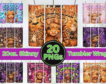May include: A collection of 20 digital PNG tumbler wrap designs for 20oz skinny tumblers, featuring illustrations of Highland cows with Halloween themes, pumpkins, ghosts, bats, and text phrases like Spooky Season Social Club and Hexy Heifer.