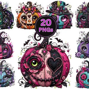 Peut inclure: Une collection de 20 fichiers PNG numériques représentant des citrouilles stylisées dans des tons vifs de rose, violet, bleu sarcelle et noir. Chaque citrouille présente des détails complexes comme des motifs cousus, des fleurs et des yeux.
