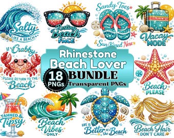 Paquete PNG de 18 diseños de Rhinestone Beach Lover, sublimación de vida playera, conjunto PNG de frases costeras, frases PNG de vacaciones de verano con temática oceánica