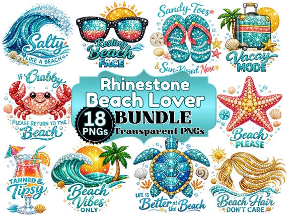 Rhinestone Beach Lover PNG Bundle 18 Designs, Beach Life Sublimation, Coastal Quotes PNG Set, Ocean Theme Summer Vacation Beach Quotes png