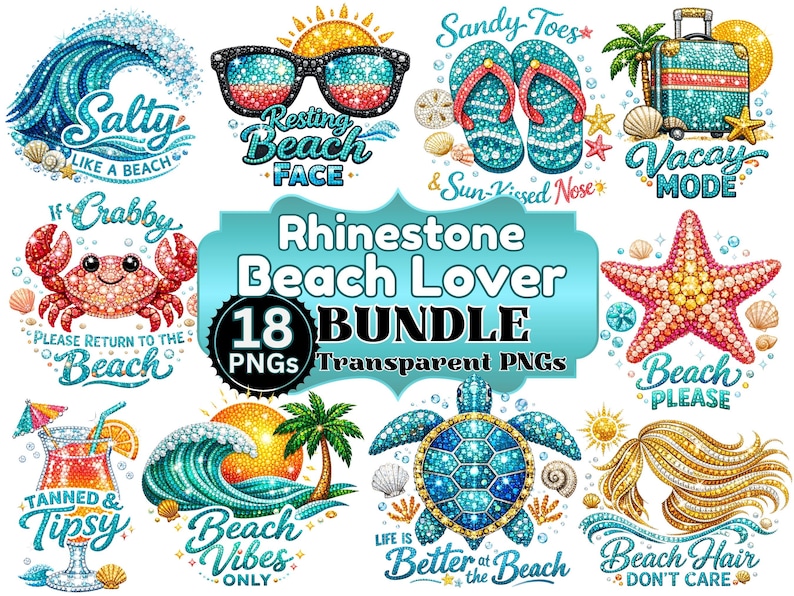 Bring the sparkle of summer to your creations with this stunning Rhinestone Beach PNG Bundle! This eye-catching beach lover PNG bundle features a vibrant collection of 18 high-quality summer beach PNG designs including waves, sea turtles, seahorses, starfish, flip flops, beach quotes, tropical drinks, and vacation graphics. Each design is created in a dazzling rhinestone style with bold turquoise, coral, gold, and ocean-inspired tones, making this the perfect tropical vacation PNG bundle