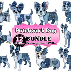 Puede incluir: Una colección de 12 imágenes PNG digitales que presentan varias razas de perros, cada una diseñada con una estética de mezclilla de retazos. Los perros están adornados con lazos de mezclilla y detalles de bolsillos en forma de corazón. También incluye el texto "Patchwork Dog Bundle".