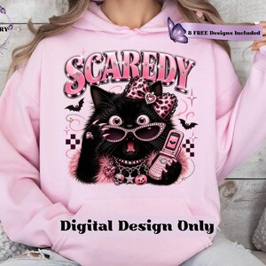 Bring a little drama and a lot of personality to your spooky season creations with this adorable Scaredy Cat Halloween PNG featuring a wide-eyed black cat in a glamorous pink coquette aesthetic. Dressed in sparkling rhinestone sunglasses, a pink leopard bow, layered jewelry, fluffy pink accents, and holding a trendy Y2K flip phone, this fashionable feline perfectly captures the playful side of Halloween.