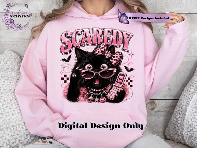 Bring a little drama and a lot of personality to your spooky season creations with this adorable Scaredy Cat Halloween PNG featuring a wide-eyed black cat in a glamorous pink coquette aesthetic. Dressed in sparkling rhinestone sunglasses, a pink leopard bow, layered jewelry, fluffy pink accents, and holding a trendy Y2K flip phone, this fashionable feline perfectly captures the playful side of Halloween.