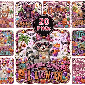 Op de afbeelding: Een collectie van 20 digitale PNG-bestanden met glinsterende illustraties in strass-stijl van dieren zoals wasberen, katten en flamingo's met Halloween-thema's. Elke vierkante afbeelding bevat levendige kleuren, pompoenen, spoken en tekst.
