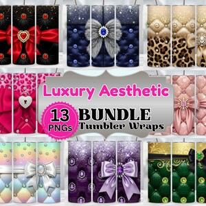 May include: A collection of 13 tumbler wraps with luxury aesthetic designs. The wraps feature various patterns, including bows, quilted textures, leopard print, and sparkling accents. The color palette includes black, red, blue, pink, purple, gold, and green.