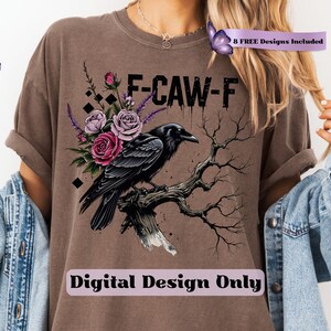 Make a bold statement with this edgy F-CAW-F crow and roses PNG design—perfect for those who love a blend of gothic charm and sarcastic attitude. Featuring a fierce black raven perched on a gnarled tree branch, surrounded by deep red and muted mauve roses with lavender accents, this design is ideal for tees, tote bags, mugs, or wall art. The distressed grunge elements and dark woodland aesthetic give it a rebellious yet artistic vibe, ideal for Halloween and beyond.