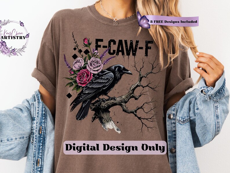 Make a bold statement with this edgy F-CAW-F crow and roses PNG design—perfect for those who love a blend of gothic charm and sarcastic attitude. Featuring a fierce black raven perched on a gnarled tree branch, surrounded by deep red and muted mauve roses with lavender accents, this design is ideal for tees, tote bags, mugs, or wall art. The distressed grunge elements and dark woodland aesthetic give it a rebellious yet artistic vibe, ideal for Halloween and beyond.