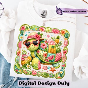 This adorable summer turtle PNG features a cheerful patchwork turtle enjoying a bright tropical day, designed with vibrant quilted textures and playful stitched fabric patterns. With a colorful mix of coral pink, sunny yellow, leafy green, aqua, and soft tropical tones, this turtle clipart has a cozy handcrafted look that feels fun and on-trend. From a straw sun hat and heart-shaped sunglasses to fruity details like pineapple, watermelon and citrus drinks, every element adds a fresh beachy vibe