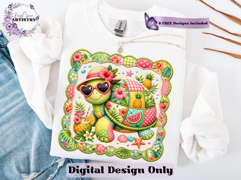 This adorable summer turtle PNG features a cheerful patchwork turtle enjoying a bright tropical day, designed with vibrant quilted textures and playful stitched fabric patterns. With a colorful mix of coral pink, sunny yellow, leafy green, aqua, and soft tropical tones, this turtle clipart has a cozy handcrafted look that feels fun and on-trend. From a straw sun hat and heart-shaped sunglasses to fruity details like pineapple, watermelon and citrus drinks, every element adds a fresh beachy vibe
