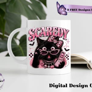 Bring a little drama and a lot of personality to your spooky season creations with this adorable Scaredy Cat Halloween PNG featuring a wide-eyed black cat in a glamorous pink coquette aesthetic. Dressed in sparkling rhinestone sunglasses, a pink leopard bow, layered jewelry, fluffy pink accents, and holding a trendy Y2K flip phone, this fashionable feline perfectly captures the playful side of Halloween.
