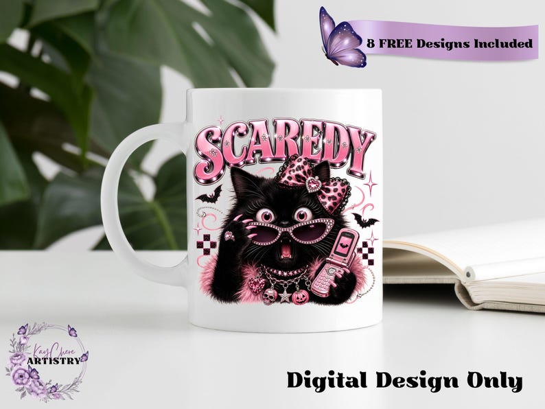 Bring a little drama and a lot of personality to your spooky season creations with this adorable Scaredy Cat Halloween PNG featuring a wide-eyed black cat in a glamorous pink coquette aesthetic. Dressed in sparkling rhinestone sunglasses, a pink leopard bow, layered jewelry, fluffy pink accents, and holding a trendy Y2K flip phone, this fashionable feline perfectly captures the playful side of Halloween.