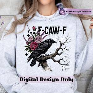 Make a bold statement with this edgy F-CAW-F crow and roses PNG design—perfect for those who love a blend of gothic charm and sarcastic attitude. Featuring a fierce black raven perched on a gnarled tree branch, surrounded by deep red and muted mauve roses with lavender accents, this design is ideal for tees, tote bags, mugs, or wall art. The distressed grunge elements and dark woodland aesthetic give it a rebellious yet artistic vibe, ideal for Halloween and beyond.