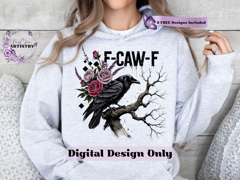 Make a bold statement with this edgy F-CAW-F crow and roses PNG design—perfect for those who love a blend of gothic charm and sarcastic attitude. Featuring a fierce black raven perched on a gnarled tree branch, surrounded by deep red and muted mauve roses with lavender accents, this design is ideal for tees, tote bags, mugs, or wall art. The distressed grunge elements and dark woodland aesthetic give it a rebellious yet artistic vibe, ideal for Halloween and beyond.