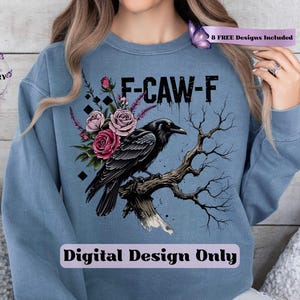 Make a bold statement with this edgy F-CAW-F crow and roses PNG design—perfect for those who love a blend of gothic charm and sarcastic attitude. Featuring a fierce black raven perched on a gnarled tree branch, surrounded by deep red and muted mauve roses with lavender accents, this design is ideal for tees, tote bags, mugs, or wall art. The distressed grunge elements and dark woodland aesthetic give it a rebellious yet artistic vibe, ideal for Halloween and beyond.