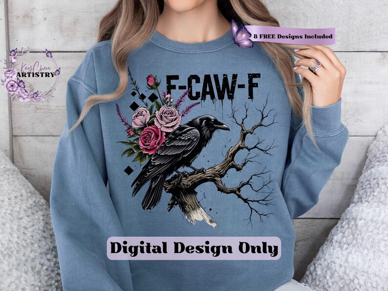 Make a bold statement with this edgy F-CAW-F crow and roses PNG design—perfect for those who love a blend of gothic charm and sarcastic attitude. Featuring a fierce black raven perched on a gnarled tree branch, surrounded by deep red and muted mauve roses with lavender accents, this design is ideal for tees, tote bags, mugs, or wall art. The distressed grunge elements and dark woodland aesthetic give it a rebellious yet artistic vibe, ideal for Halloween and beyond.