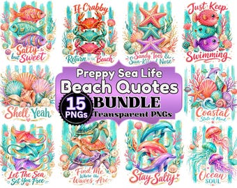 Preppy Summer PNG Bundle 15 Designs, Preppy Beach Quotes Sublimation, Coastal Sea Life Design, Preppy Coastal Beach Life Ocean Animal PNG