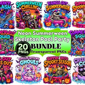 Op de afbeelding: Een bundel van 20 neonkleurige PNG's met een Summerween-thema. De ontwerpen bevatten skeletten, pompoenen en elementen van een zwembadfeest. Tekst bevat zinnen als "Spooky Splash", "Summerween Chillin'" en "Sippin' into Spooky Season."