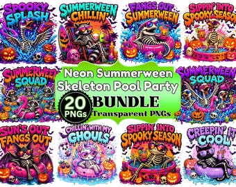 May include: A bundle of 20 neon-colored PNGs with a Summerween theme. The designs feature skeletons, pumpkins, and pool party elements. Text includes phrases like "Spooky Splash," "Summerween Chillin'," and "Sippin' into Spooky Season."