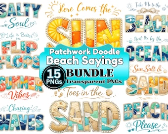 Patchwork Beach Sayings PNG Bundle 15 Designs, Beach Life Sublimation, Coastal Quotes PNG Set, Ocean Theme Summer Vacation Beach Quotes png