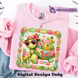 This adorable summer turtle PNG features a cheerful patchwork turtle enjoying a bright tropical day, designed with vibrant quilted textures and playful stitched fabric patterns. With a colorful mix of coral pink, sunny yellow, leafy green, aqua, and soft tropical tones, this turtle clipart has a cozy handcrafted look that feels fun and on-trend. From a straw sun hat and heart-shaped sunglasses to fruity details like pineapple, watermelon and citrus drinks, every element adds a fresh beachy vibe