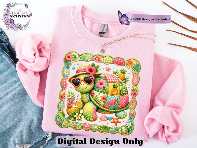 This adorable summer turtle PNG features a cheerful patchwork turtle enjoying a bright tropical day, designed with vibrant quilted textures and playful stitched fabric patterns. With a colorful mix of coral pink, sunny yellow, leafy green, aqua, and soft tropical tones, this turtle clipart has a cozy handcrafted look that feels fun and on-trend. From a straw sun hat and heart-shaped sunglasses to fruity details like pineapple, watermelon and citrus drinks, every element adds a fresh beachy vibe