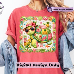 This adorable summer turtle PNG features a cheerful patchwork turtle enjoying a bright tropical day, designed with vibrant quilted textures and playful stitched fabric patterns. With a colorful mix of coral pink, sunny yellow, leafy green, aqua, and soft tropical tones, this turtle clipart has a cozy handcrafted look that feels fun and on-trend. From a straw sun hat and heart-shaped sunglasses to fruity details like pineapple, watermelon and citrus drinks, every element adds a fresh beachy vibe