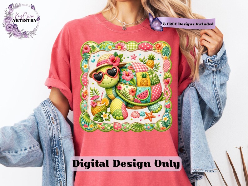 This adorable summer turtle PNG features a cheerful patchwork turtle enjoying a bright tropical day, designed with vibrant quilted textures and playful stitched fabric patterns. With a colorful mix of coral pink, sunny yellow, leafy green, aqua, and soft tropical tones, this turtle clipart has a cozy handcrafted look that feels fun and on-trend. From a straw sun hat and heart-shaped sunglasses to fruity details like pineapple, watermelon and citrus drinks, every element adds a fresh beachy vibe