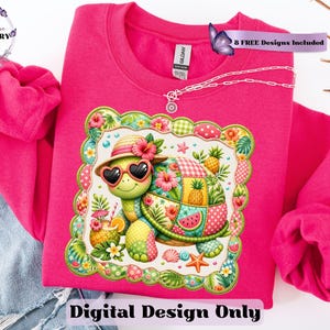 This adorable summer turtle PNG features a cheerful patchwork turtle enjoying a bright tropical day, designed with vibrant quilted textures and playful stitched fabric patterns. With a colorful mix of coral pink, sunny yellow, leafy green, aqua, and soft tropical tones, this turtle clipart has a cozy handcrafted look that feels fun and on-trend. From a straw sun hat and heart-shaped sunglasses to fruity details like pineapple, watermelon and citrus drinks, every element adds a fresh beachy vibe