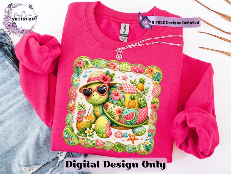 This adorable summer turtle PNG features a cheerful patchwork turtle enjoying a bright tropical day, designed with vibrant quilted textures and playful stitched fabric patterns. With a colorful mix of coral pink, sunny yellow, leafy green, aqua, and soft tropical tones, this turtle clipart has a cozy handcrafted look that feels fun and on-trend. From a straw sun hat and heart-shaped sunglasses to fruity details like pineapple, watermelon and citrus drinks, every element adds a fresh beachy vibe