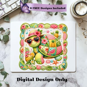 This adorable summer turtle PNG features a cheerful patchwork turtle enjoying a bright tropical day, designed with vibrant quilted textures and playful stitched fabric patterns. With a colorful mix of coral pink, sunny yellow, leafy green, aqua, and soft tropical tones, this turtle clipart has a cozy handcrafted look that feels fun and on-trend. From a straw sun hat and heart-shaped sunglasses to fruity details like pineapple, watermelon and citrus drinks, every element adds a fresh beachy vibe