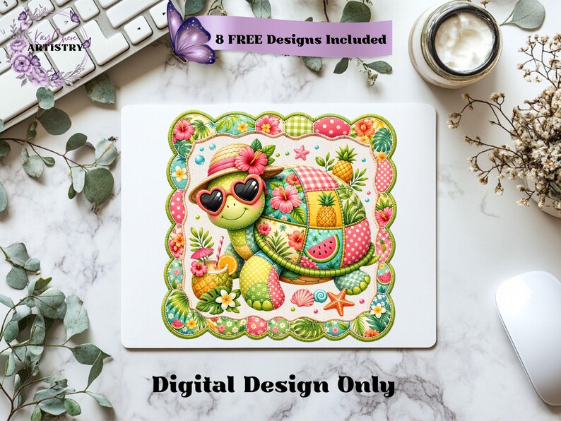 This adorable summer turtle PNG features a cheerful patchwork turtle enjoying a bright tropical day, designed with vibrant quilted textures and playful stitched fabric patterns. With a colorful mix of coral pink, sunny yellow, leafy green, aqua, and soft tropical tones, this turtle clipart has a cozy handcrafted look that feels fun and on-trend. From a straw sun hat and heart-shaped sunglasses to fruity details like pineapple, watermelon and citrus drinks, every element adds a fresh beachy vibe