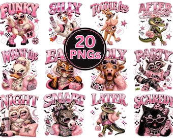 May include: A collection of 20 PNG digital illustrations featuring various animals dressed in pink accessories, including sunglasses, handbags, and jewelry. Each character is paired with pink text phrases like Funky, Silly, Toodle Loo, and After Awhile.
