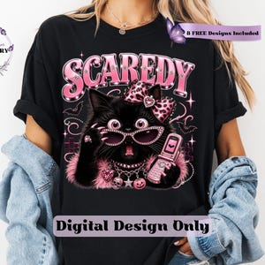 Bring a little drama and a lot of personality to your spooky season creations with this adorable Scaredy Cat Halloween PNG featuring a wide-eyed black cat in a glamorous pink coquette aesthetic. Dressed in sparkling rhinestone sunglasses, a pink leopard bow, layered jewelry, fluffy pink accents, and holding a trendy Y2K flip phone, this fashionable feline perfectly captures the playful side of Halloween.