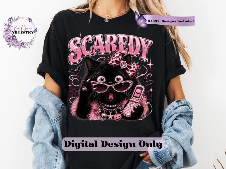 Bring a little drama and a lot of personality to your spooky season creations with this adorable Scaredy Cat Halloween PNG featuring a wide-eyed black cat in a glamorous pink coquette aesthetic. Dressed in sparkling rhinestone sunglasses, a pink leopard bow, layered jewelry, fluffy pink accents, and holding a trendy Y2K flip phone, this fashionable feline perfectly captures the playful side of Halloween.