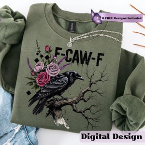 Make a bold statement with this edgy F-CAW-F crow and roses PNG design—perfect for those who love a blend of gothic charm and sarcastic attitude. Featuring a fierce black raven perched on a gnarled tree branch, surrounded by deep red and muted mauve roses with lavender accents, this design is ideal for tees, tote bags, mugs, or wall art. The distressed grunge elements and dark woodland aesthetic give it a rebellious yet artistic vibe, ideal for Halloween and beyond.