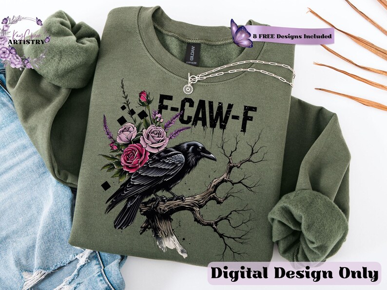 Make a bold statement with this edgy F-CAW-F crow and roses PNG design—perfect for those who love a blend of gothic charm and sarcastic attitude. Featuring a fierce black raven perched on a gnarled tree branch, surrounded by deep red and muted mauve roses with lavender accents, this design is ideal for tees, tote bags, mugs, or wall art. The distressed grunge elements and dark woodland aesthetic give it a rebellious yet artistic vibe, ideal for Halloween and beyond.