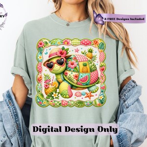 This adorable summer turtle PNG features a cheerful patchwork turtle enjoying a bright tropical day, designed with vibrant quilted textures and playful stitched fabric patterns. With a colorful mix of coral pink, sunny yellow, leafy green, aqua, and soft tropical tones, this turtle clipart has a cozy handcrafted look that feels fun and on-trend. From a straw sun hat and heart-shaped sunglasses to fruity details like pineapple, watermelon and citrus drinks, every element adds a fresh beachy vibe