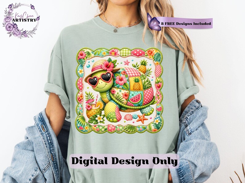 This adorable summer turtle PNG features a cheerful patchwork turtle enjoying a bright tropical day, designed with vibrant quilted textures and playful stitched fabric patterns. With a colorful mix of coral pink, sunny yellow, leafy green, aqua, and soft tropical tones, this turtle clipart has a cozy handcrafted look that feels fun and on-trend. From a straw sun hat and heart-shaped sunglasses to fruity details like pineapple, watermelon and citrus drinks, every element adds a fresh beachy vibe