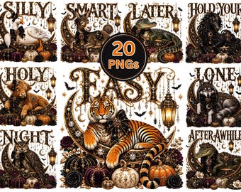 May include: A digital collection of 20 PNG files featuring various animals including a tiger, owl, goose, donkey, alligator, horse, and wolf. Each illustration depicts an animal resting on a crescent moon surrounded by pumpkins, lanterns, and text.