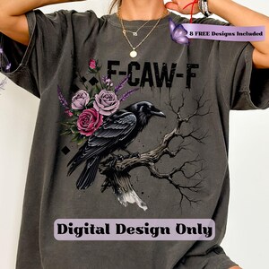 Make a bold statement with this edgy F-CAW-F crow and roses PNG design—perfect for those who love a blend of gothic charm and sarcastic attitude. Featuring a fierce black raven perched on a gnarled tree branch, surrounded by deep red and muted mauve roses with lavender accents, this design is ideal for tees, tote bags, mugs, or wall art. The distressed grunge elements and dark woodland aesthetic give it a rebellious yet artistic vibe, ideal for Halloween and beyond.