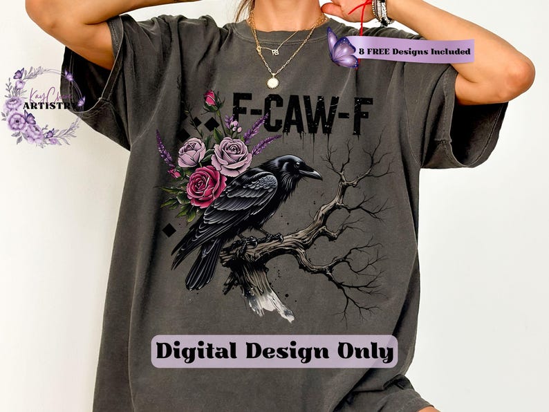 Make a bold statement with this edgy F-CAW-F crow and roses PNG design—perfect for those who love a blend of gothic charm and sarcastic attitude. Featuring a fierce black raven perched on a gnarled tree branch, surrounded by deep red and muted mauve roses with lavender accents, this design is ideal for tees, tote bags, mugs, or wall art. The distressed grunge elements and dark woodland aesthetic give it a rebellious yet artistic vibe, ideal for Halloween and beyond.