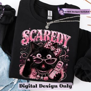 Bring a little drama and a lot of personality to your spooky season creations with this adorable Scaredy Cat Halloween PNG featuring a wide-eyed black cat in a glamorous pink coquette aesthetic. Dressed in sparkling rhinestone sunglasses, a pink leopard bow, layered jewelry, fluffy pink accents, and holding a trendy Y2K flip phone, this fashionable feline perfectly captures the playful side of Halloween.
