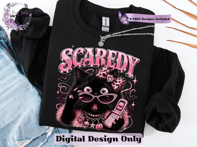 Bring a little drama and a lot of personality to your spooky season creations with this adorable Scaredy Cat Halloween PNG featuring a wide-eyed black cat in a glamorous pink coquette aesthetic. Dressed in sparkling rhinestone sunglasses, a pink leopard bow, layered jewelry, fluffy pink accents, and holding a trendy Y2K flip phone, this fashionable feline perfectly captures the playful side of Halloween.