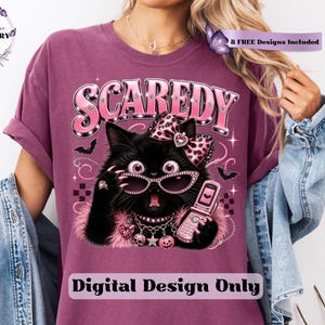 Bring a little drama and a lot of personality to your spooky season creations with this adorable Scaredy Cat Halloween PNG featuring a wide-eyed black cat in a glamorous pink coquette aesthetic. Dressed in sparkling rhinestone sunglasses, a pink leopard bow, layered jewelry, fluffy pink accents, and holding a trendy Y2K flip phone, this fashionable feline perfectly captures the playful side of Halloween.