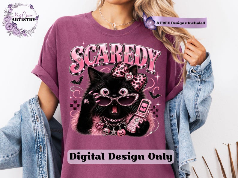 Bring a little drama and a lot of personality to your spooky season creations with this adorable Scaredy Cat Halloween PNG featuring a wide-eyed black cat in a glamorous pink coquette aesthetic. Dressed in sparkling rhinestone sunglasses, a pink leopard bow, layered jewelry, fluffy pink accents, and holding a trendy Y2K flip phone, this fashionable feline perfectly captures the playful side of Halloween.