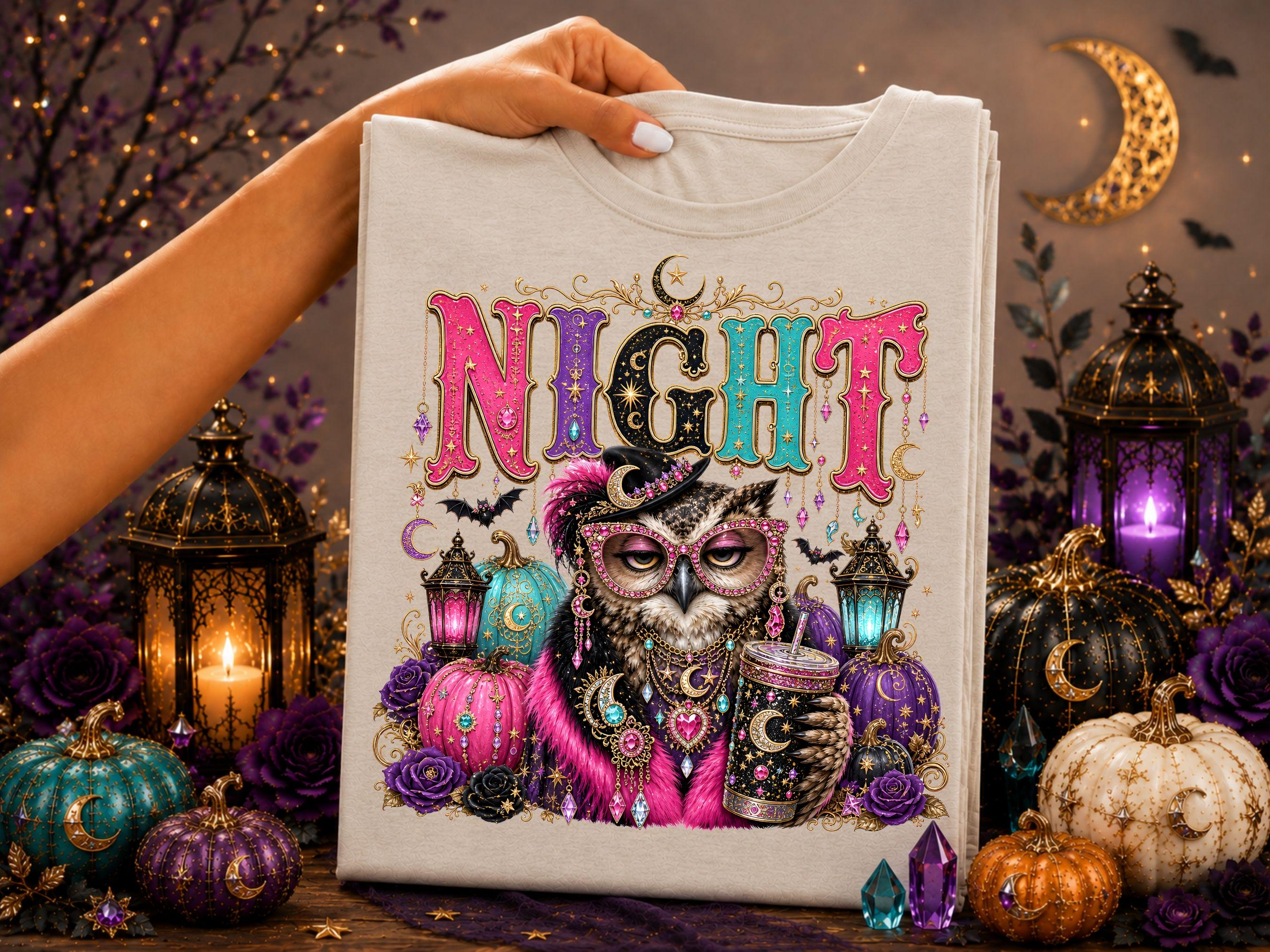 Night Owl Halloween PNG, Gothic Halloween Owl Design, Celestial Halloween Witchy Owl Animal Quote Su